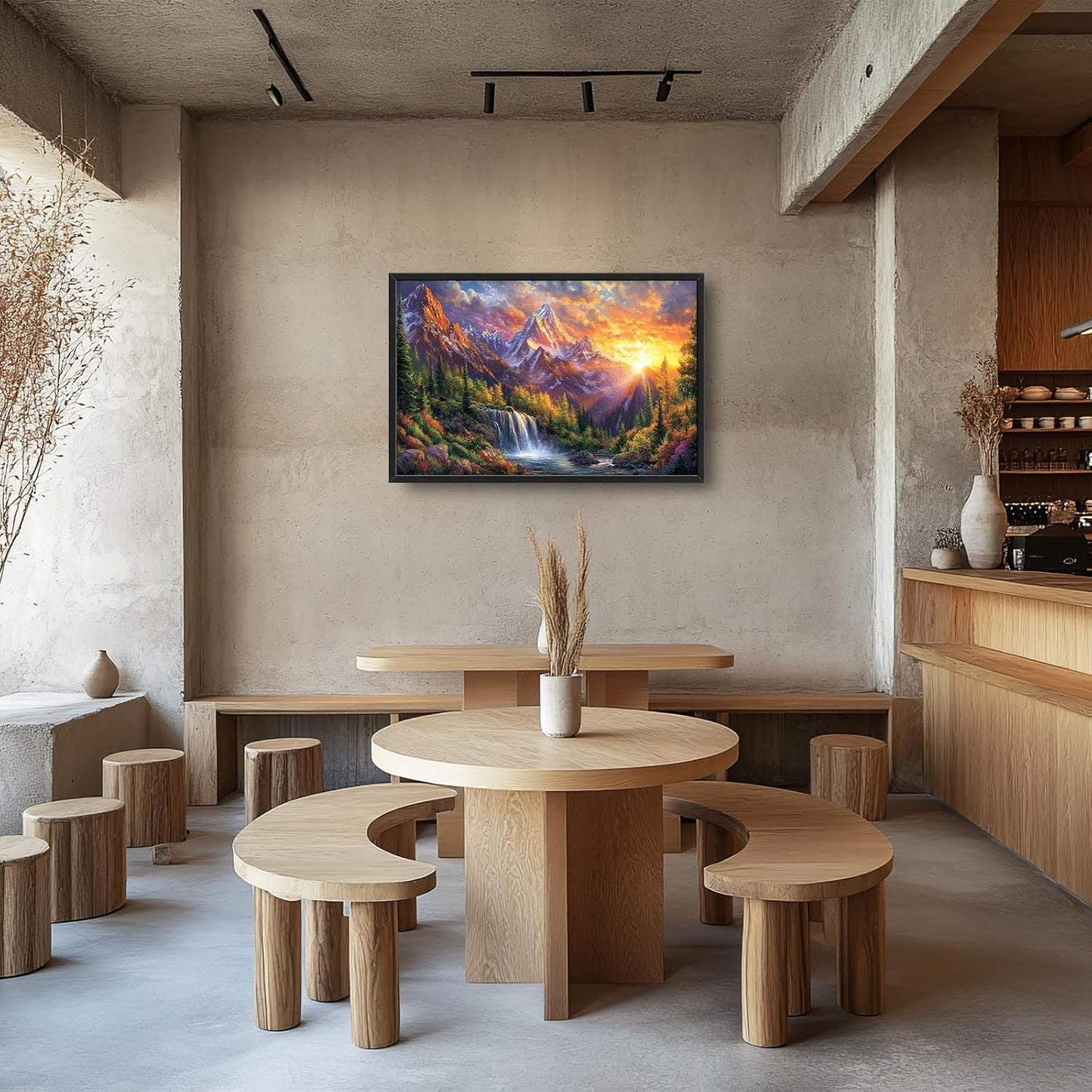 Large Mountain Tree Wall Art for Living Room, Framed Oversized Sunset Waterfall Wall Decor Nature Landscape Canvas Painting Modern Artwork for Living Room Bathroom Bedroom Office Dining Room 36"x24"