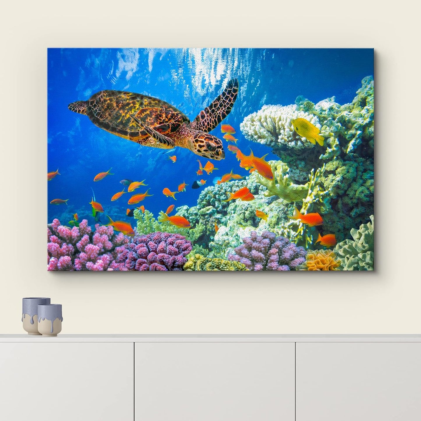 wall26 Canvas Print Wall Art Vibrant Neon Underwater Turtle, Reef & Fish Nature Animals Photography Realism Rustic Scenic Landscape Wilderness Colorful for Living Room, Bedroom, Office - 16"x24"
