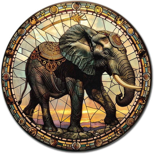 Lygond Metal Sign Tin Sign Circular Stained Glass Elephant Garden Tin Sign for Yard 8×8 Inches