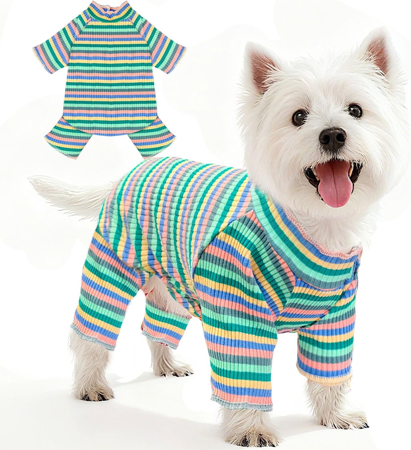 BAEJMJK Striped Dog Pajamas Stretchy Cute Four-Legged Boy Girl Dog Clothes with Sleeves Comfortable Dogs Jumpsuit Colorful Pet Puppy Outfits Apparel for Small Medium Dogs Cats(Green,Small)