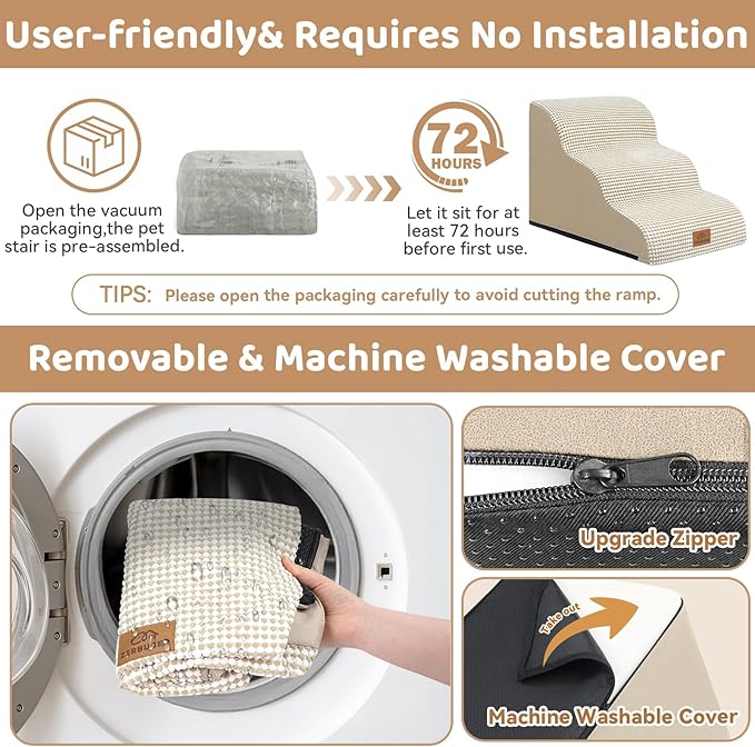 Dog Ramp and Stair for Bed 16" H-20 H,3-Step Cat Stair for Sofa and Chair,4-Step Dog Ramp for High Bed and Window,Durable Nonslip Fabric Cover for Indoor (Beige-16 H, Pet Friendly, 3)