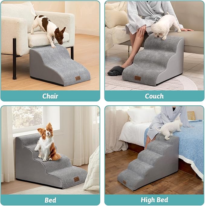 Dog Stairs for Small Dogs 19.7" H, Curved Dog Step for Puppy, Older or Cat, Medium Pet Ramp for Sofa, Couch or Bed, Ladder with High Density Foam, 15.7x28.3x19.7 inch, 4 Step, Grey
