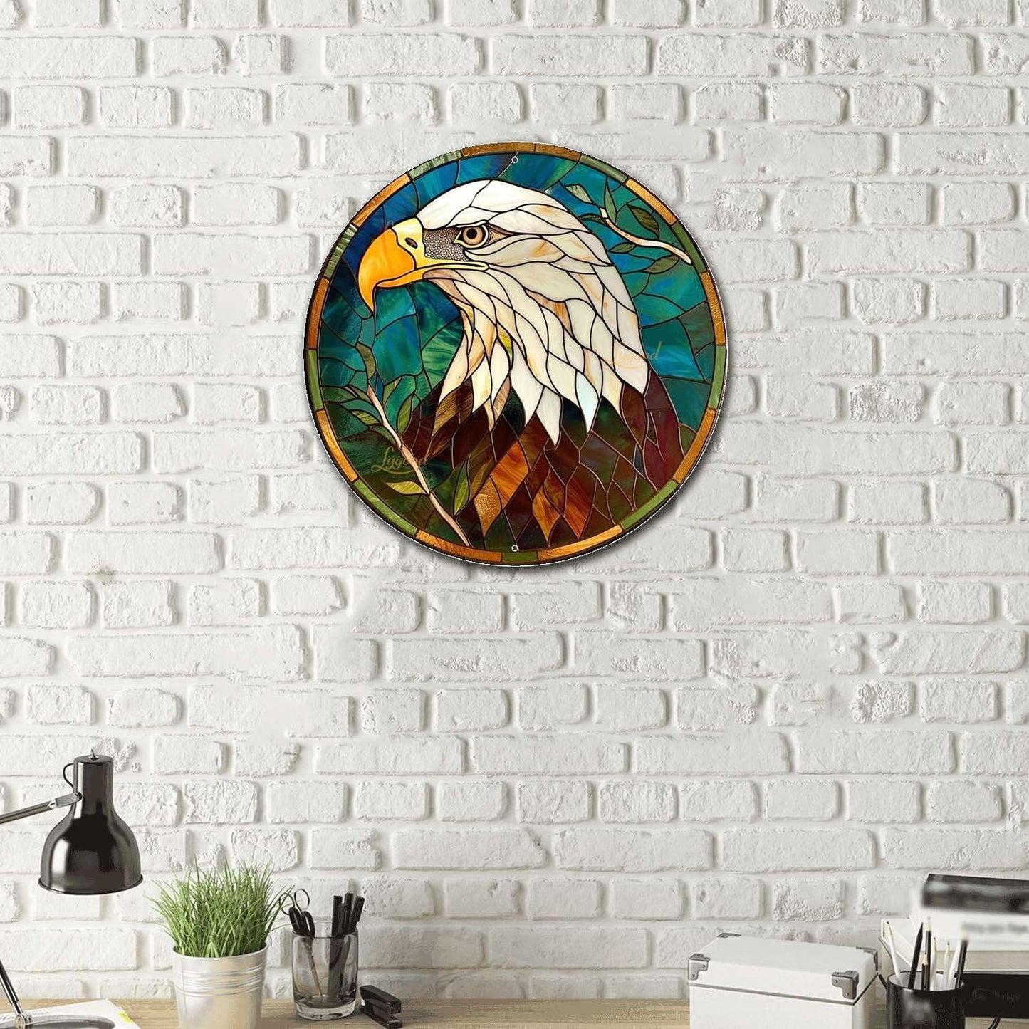 Lygond Metal Sign Tin Sign Circular Stained Glass Bald Eagle Kitty Decor for Club 12×12 Inches