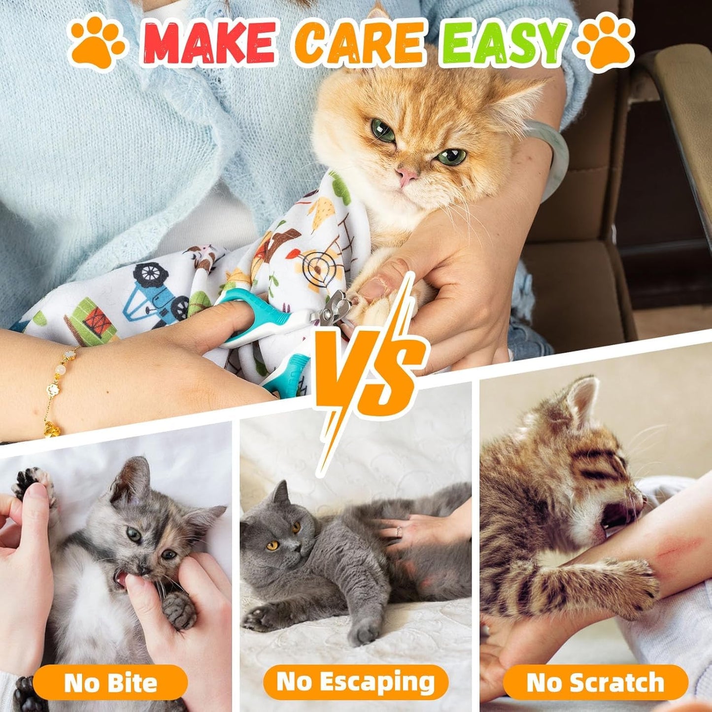 Professional Cat Grooming Wrap - Adjustable Restraint Blanket for Nail Clipping & Vet Visits, Escape-Proof Cat Wrapping Bag with Safety Straps, Large (27.6"x27.6") for Cats Up to 15lbs