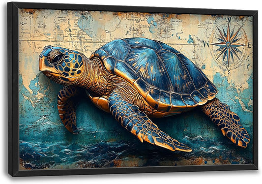 Large Nautical Turtle Wall Art for Living Room, Coastal Ocean Canvas Oversized Wall Decor, Beach Aesthetics Framed Pictures Painting Print Artwork for Bedroom Office 36L" x 24W"