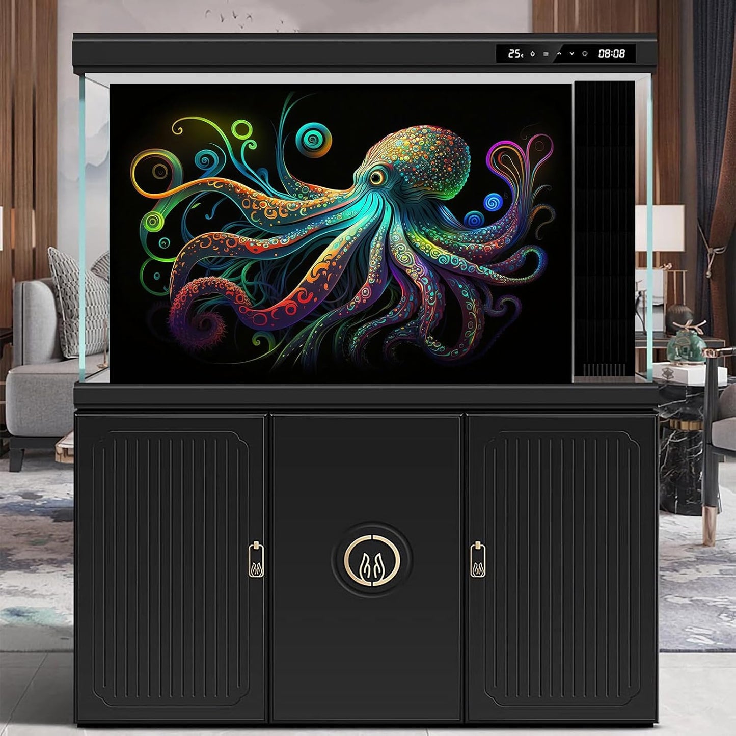 Octopus Aquarium Background Exquisite Colorful Octopus Terrarium Background Glowing Octopus on Black Background Fish Tank Backdrop Octopus Backdrops Poster Wallpaper Decorations Vinyl 72x24in