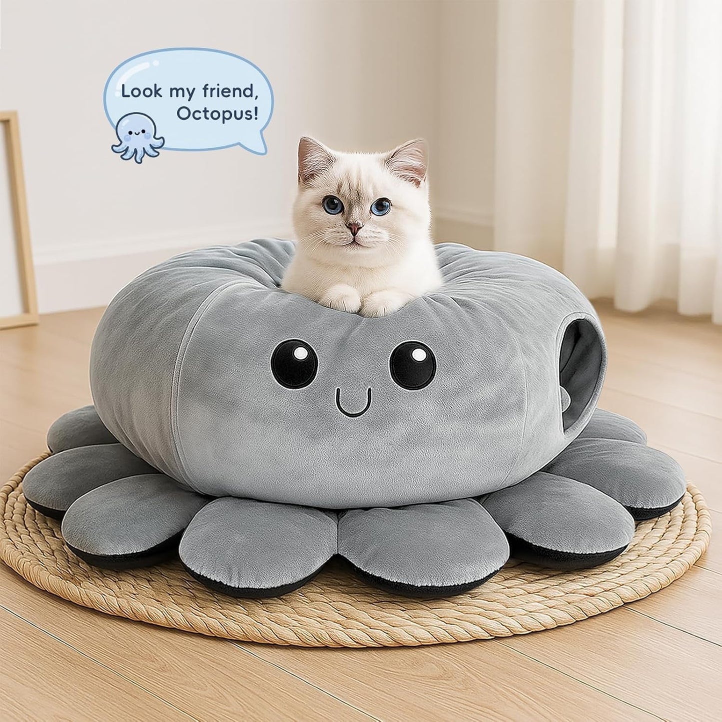 Cat Tunnel Bed for Indoor Cats, Peekaboo Cat Cave Bed,Soft Cat Donut Tunnel for Kitten Large Cats, Cute Green Octopus Shaped