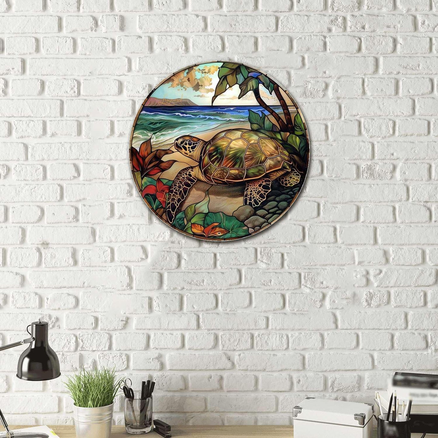 Lygond Metal Sign Tin Sign Circular Stained Glass Turtle Decor Outdoor for Yard 8×8 Inches