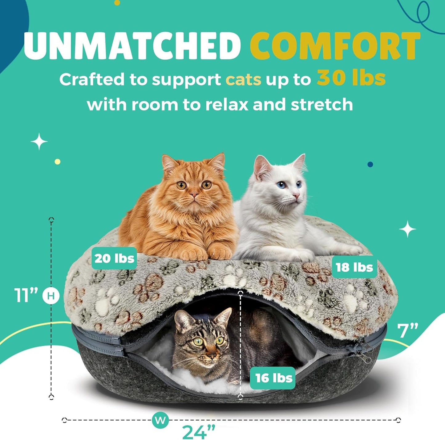 RINGTAIL Peekaboo Cat Cave - Cat Caves for Indoor Cats, Cat Donut Tunnel Bed, Kitten Beds Felt, Cat Bed Cave Square with Two Fluffy Fleece Cushion, Nest Cove Scratch-Resistant Detachable & Washable