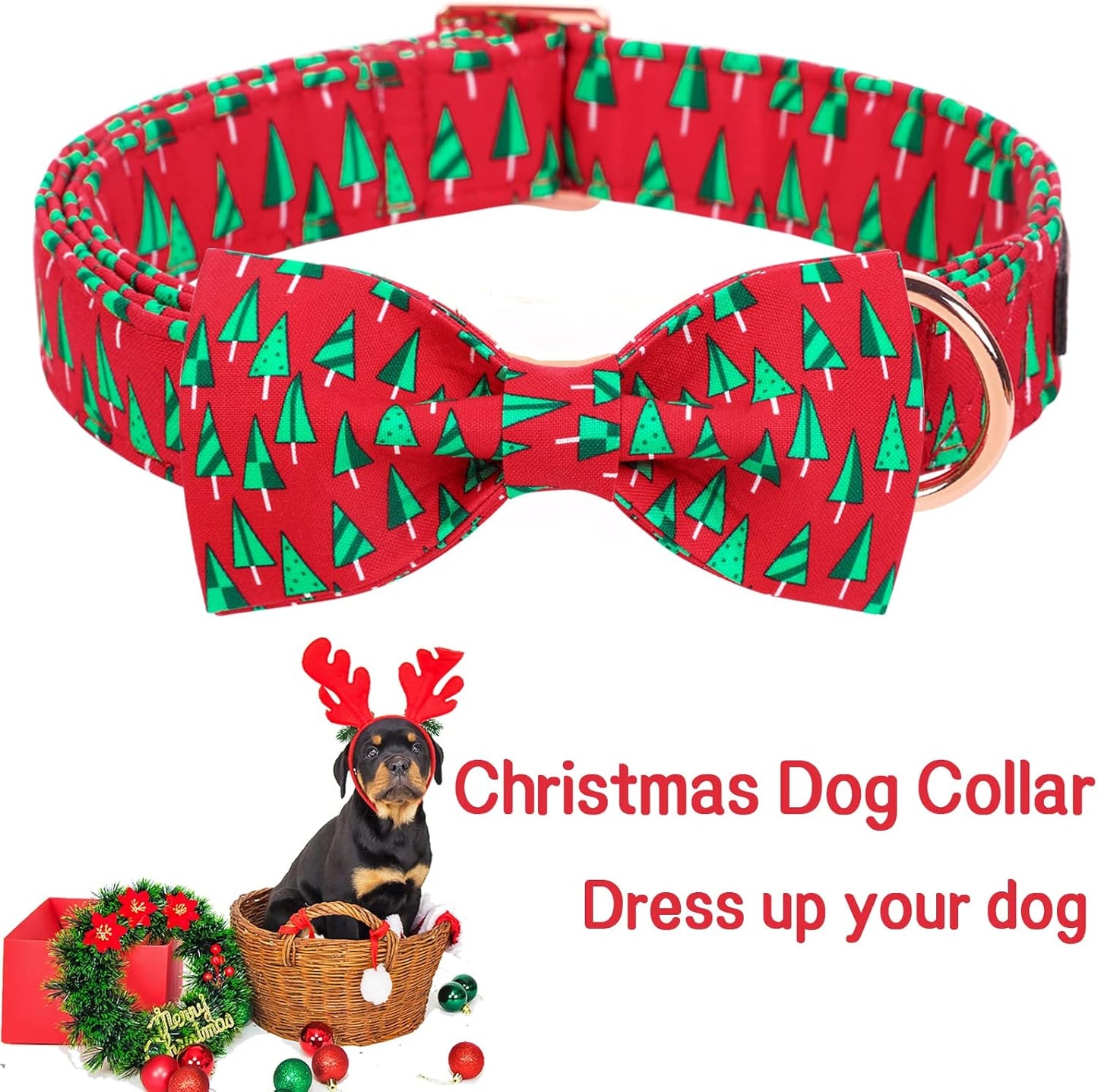 Unique style paws Christmas Dog Collar with Bow Best Winter for Small Medium Large Dogs -Christmas Tree-M
