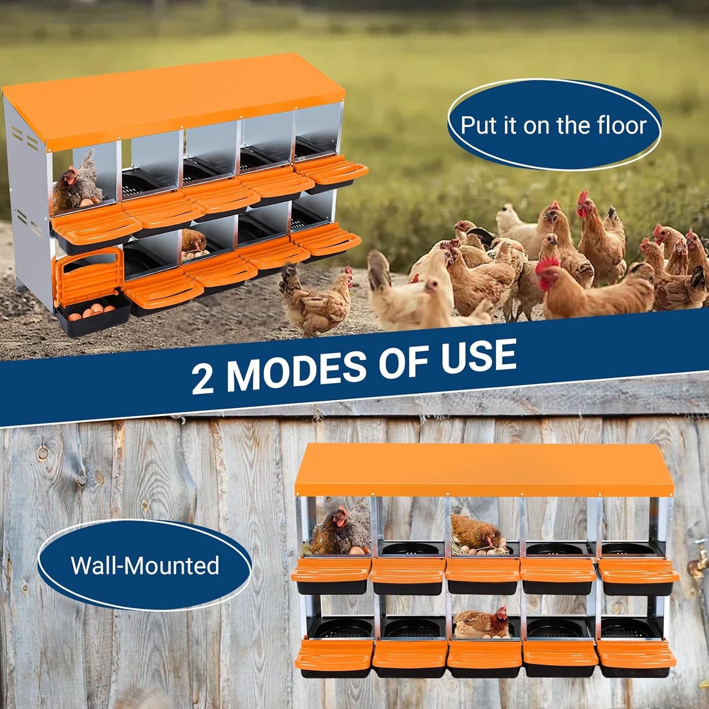 Chicken Nesting Box, 10 Hole 2 Layer Hen Nest Boxes, Roll Away Eggs Laying Boxes,Cleanable Pull Out Hen Roosting Boxes