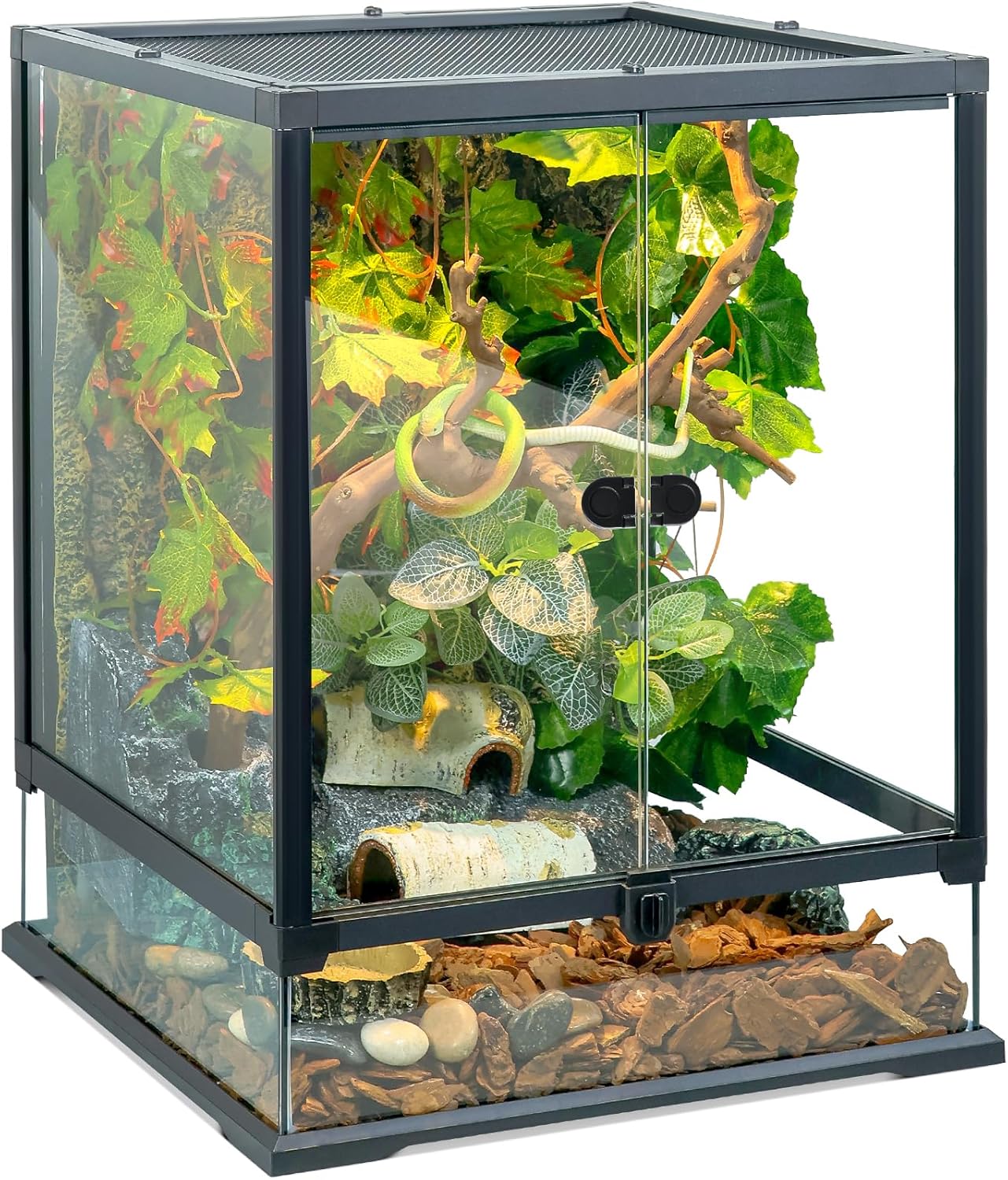24x18x18'' 35 Gallon Glass Reptile Tank Front Opening Terrarium Suitable for Leopard Geckos, Snakes, Tree Frogs, Chameleons,Watertight Base, Ventilated Metal Mesh Top, Pre-Drilled Cable Holes