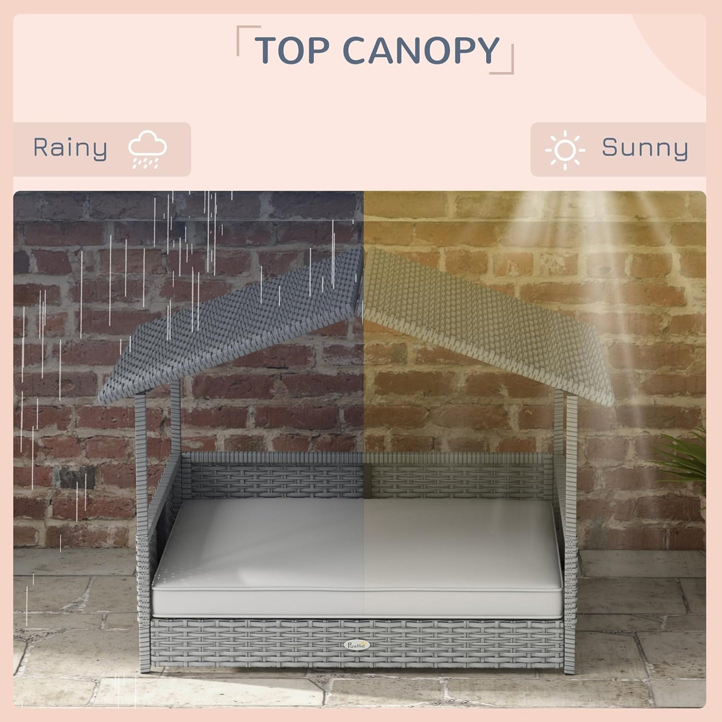 PawHut Wicker Dog House Outdoor with Canopy, Rattan Dog Bed with Water-Resistant Cushion, Raised Dog Bed for Small, Medium Dogs up to 66 lbs, 19.75" in Length, Silver Wicker, White Cushion