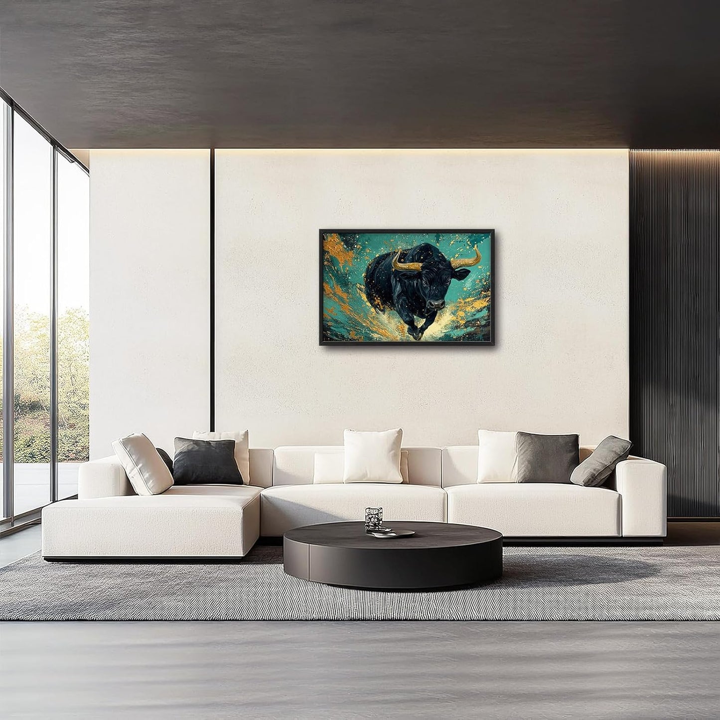 Large Bison Buffalo Wall Art for Living Room, Framed Oversized Bull Wall Decor, Abstract Teal and Golden Canvas Painting Modern Artwork for Living Room Bedroom Office Dining Room 36"x24"