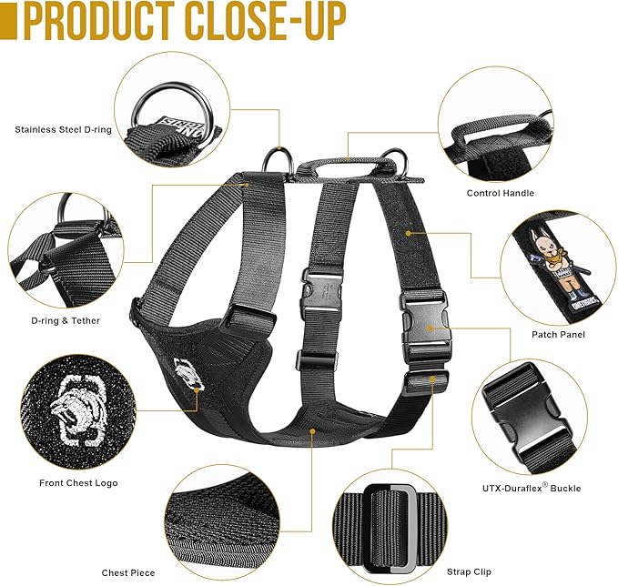 OneTigris Dog Safety Vest Harness, REX Car Use Dog Harness Adjustable Pet Harness with Leash for Medium Large Dogs(Black,M)