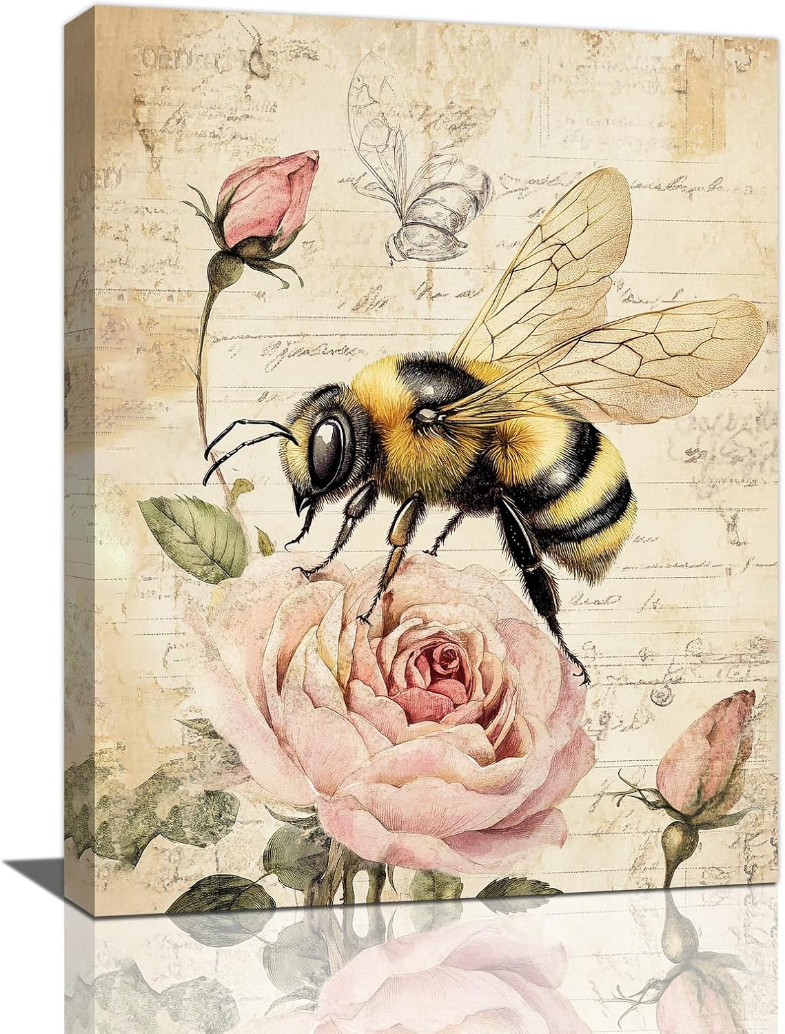 Rustic Bee Bathroom Pictures Wall Art, Vintage Floral Bathroom Wall Decor, Pink Rose Flower Framed Painting Canvas Artwork for Bedroom Living Room Decorations 16"L x 12"W