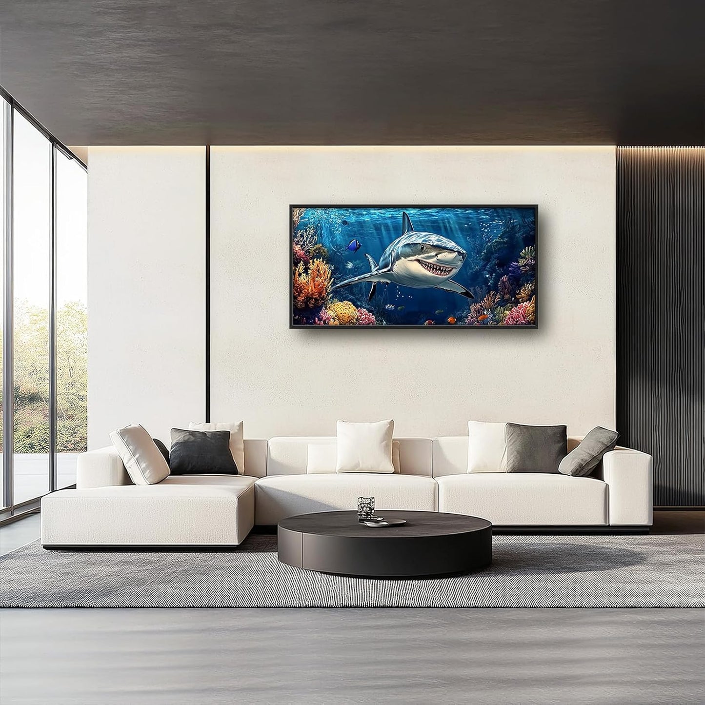 Large Ocean Shark Wall Art for Living Room, Framed Oversized Shark Fish Wall Decor Underwater Marine Life Canvas Painting Modern Artwork for Living Room Bathroom Bedroom Office Dining Room 60"x30"