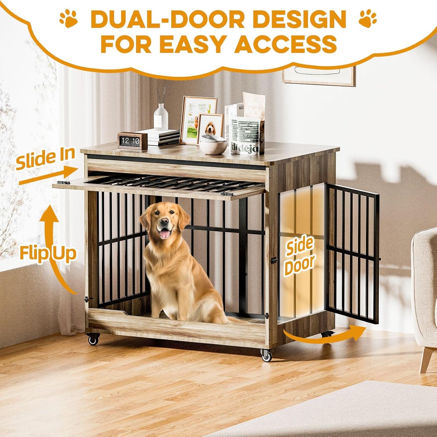 42" Large Dog Crate Furniture, Double Door Wooden Indoor Dog Kennel Furniture, Decorative Pet Cage End Table with Wheels for Large Breed Dogs, Size XL, Rustic Brown