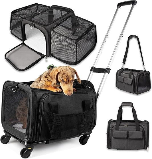 Pet Carrier with Wheels | United Delta American Frontier Airline Approved | Two Expandable Sides, Storage Pockets Adjustable Leash | Rolling Dog and Cat Carrier TSA Compliant (Charcoal)