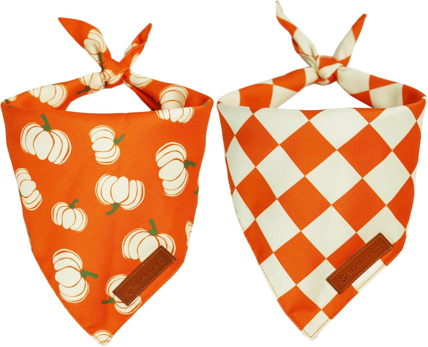 Realeaf Thanksgiving Fall Dog Bandanas 2 Pack, Orange Plaid Pumpkin Pet Scarf for Boy and Girl, Premium Durable Fabric, Holiday Halloween Bandana for Small and Medium Dogs (Fall, Small)