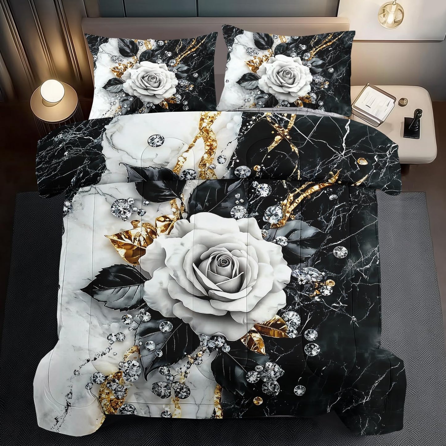 Marble Floral Comforter Set for Twin Bed Women,Vintage Flower Bedding Set Twin,White and Black Comforter Rose Quilt for Girls,Rose Bedding Floral Bedroom Decor Adults