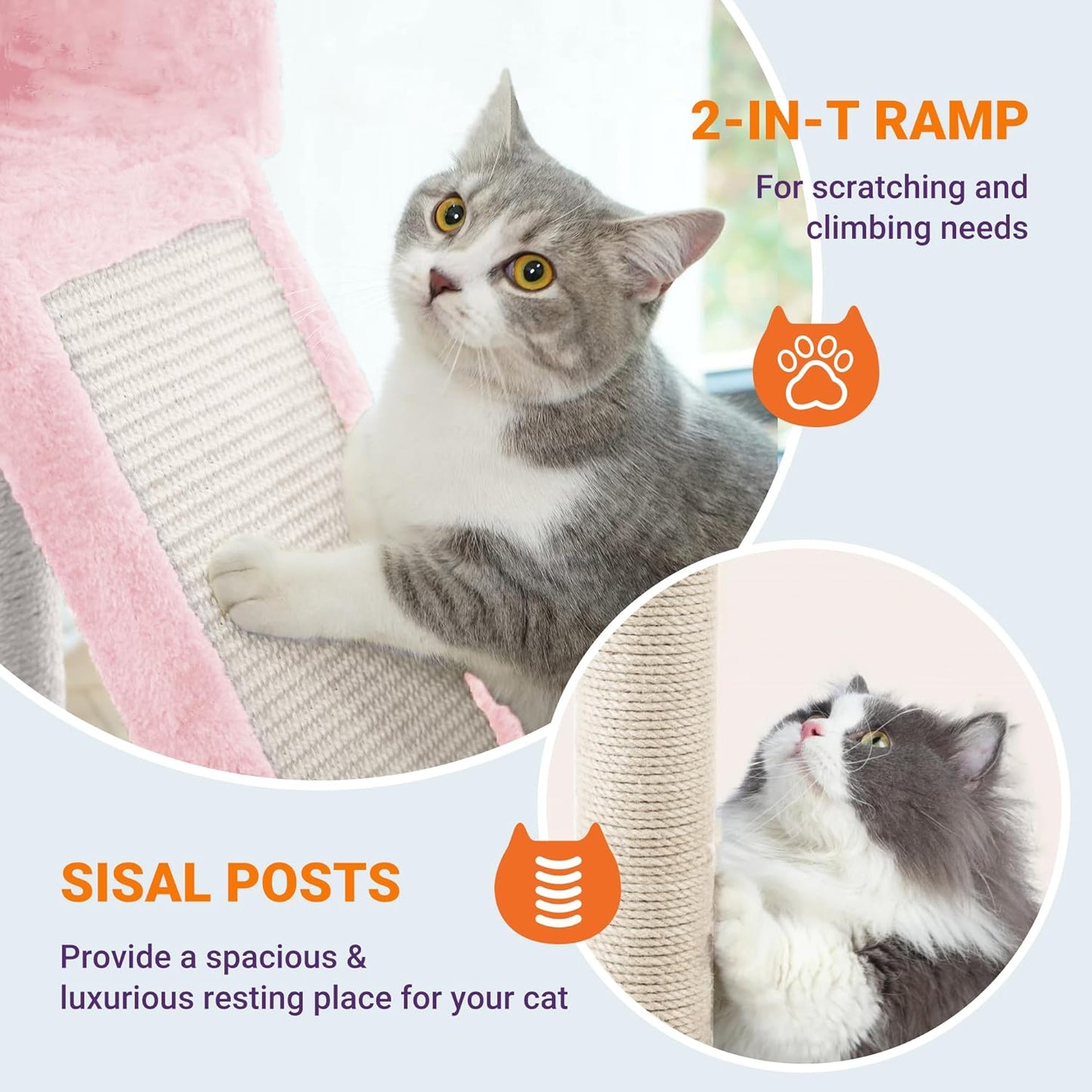 Allewie 81 Inches Tall Cat Tree/Multi-Level Large Climbing Tree House and Towers for Big Feline/Condo and Hammock/Scratching Post/Wide Base/Pink