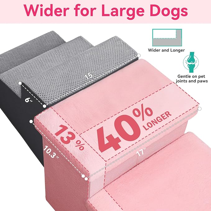 Dog Stairs with Furry Lids 18" H, 3-Step Wider Dog Steps with Storage for Small/Medium/Large Dogs Cats, Folding Sturdy Pet Stairs Climbing Bed or Sofa, Ramp for Car Hold Up to 200 lbs, Pink