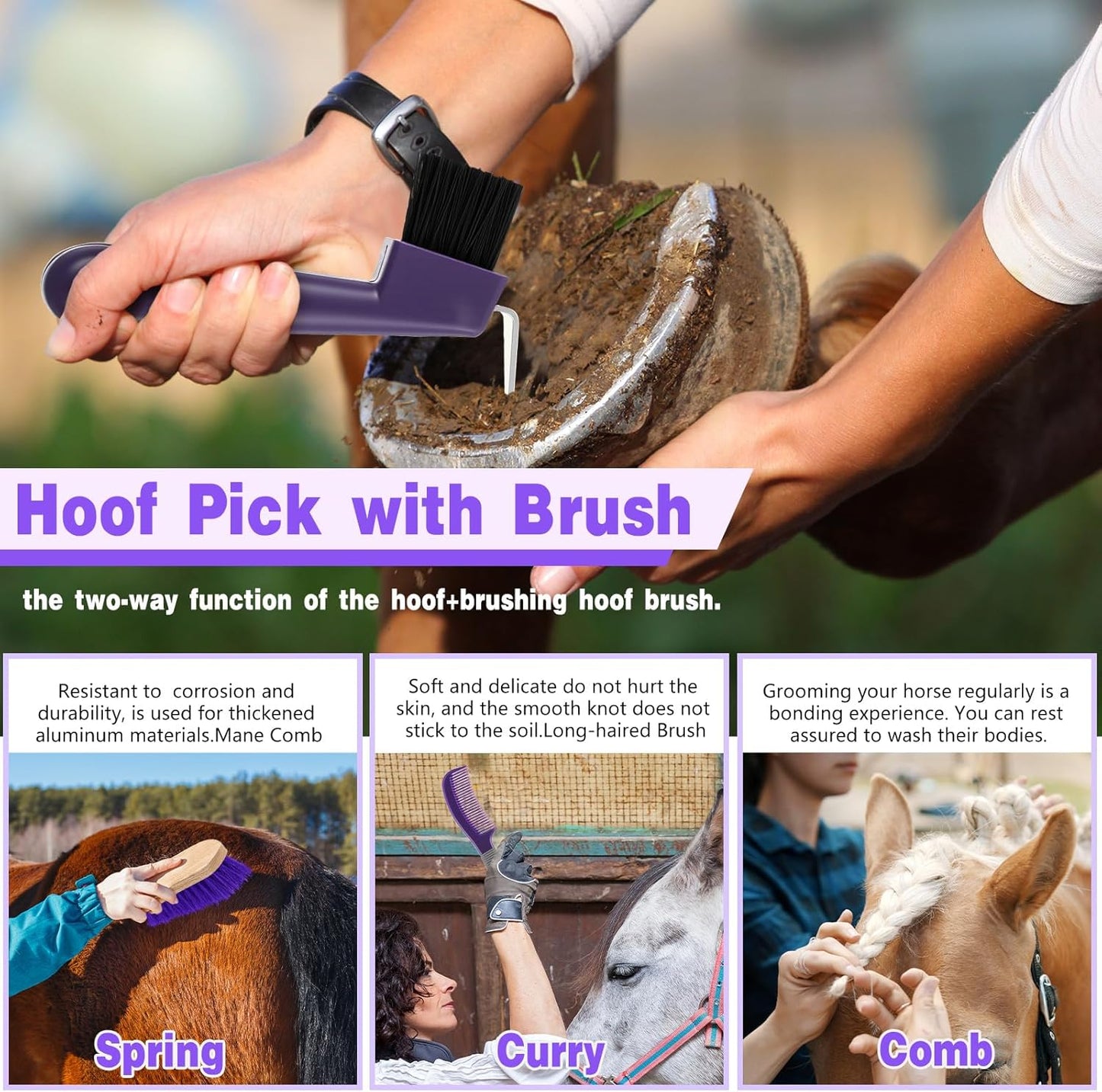 Abbylike 12 Pieces Horse Grooming Kit Racing Festival Tack Room Supplies Horse Brush Sets Equine Care Cleaning Kit Shedding Grooming Massaging Tools(Gray and Purple)