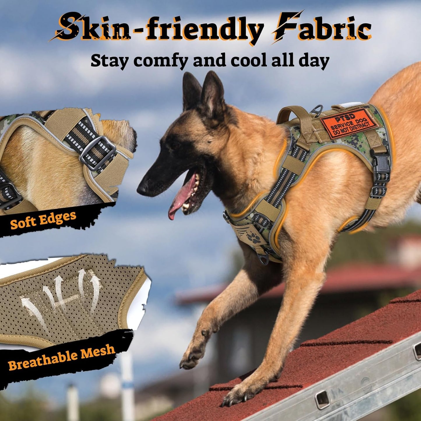 rabbitgoo Dog Harness for Large Dogs No Pull, Tactical Service Pet Vest with Molle and Control Handle, Adjustable and Reflective Military Harness for Easy Walking and Training, Brown camo, L