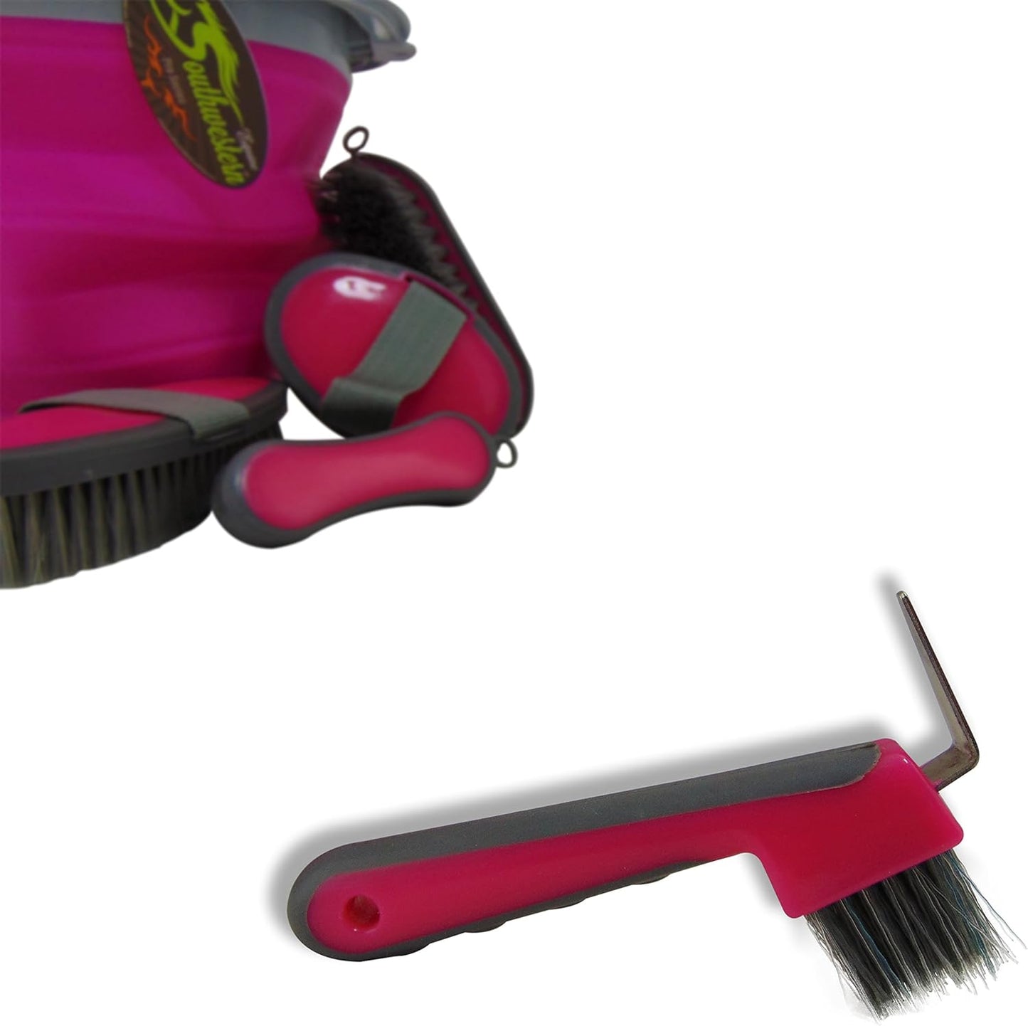 Collapsible Grooming Kit 10 Liter Bucket and 5 Grooming Tools by Southwestern Equine (Pink)