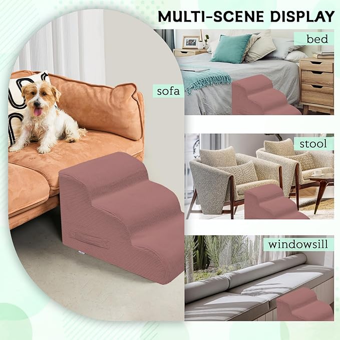 Dog Steps for Small Dogs, 3-Step Pet Ramp Stairs for High Beds and Sofa, Non-Slip Pet Stairs for Small Dogs and Cats, Removable and Easy to Clean Cover, Pink