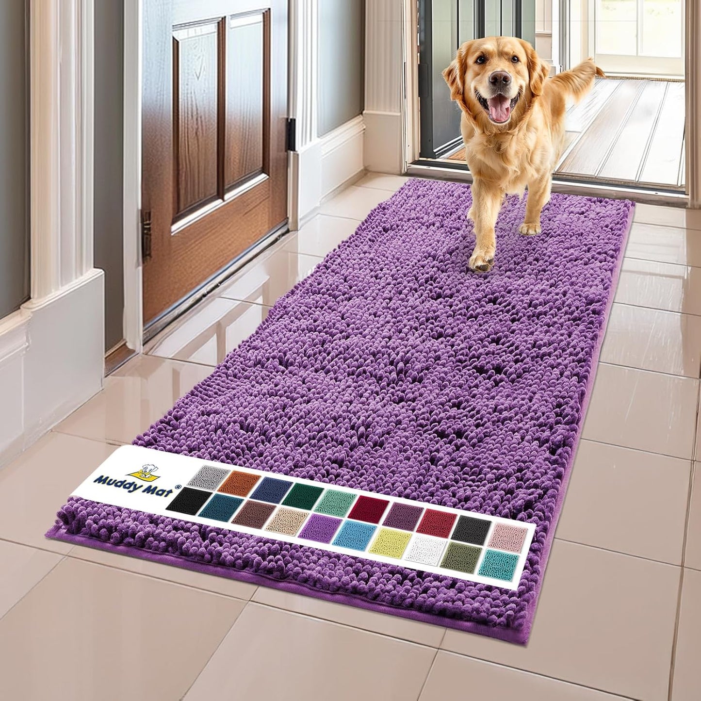 Muddy Mat® Original Dog Door Mat for Muddy Paws, Super Absorbent Microfiber, Non-Slip Washable Pet Rug, Quick Dry Chenille Entryway Carpet, Machine Washable Indoor Outdoor mat, Purple 24"x60"