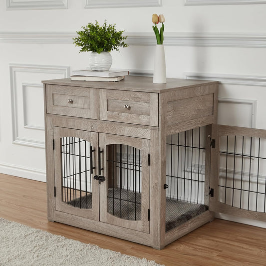 Dog Crate Furniture for Large Dogs, Wooden Dog Kennel Indoor with Double Doors, Dog Cage with Cushion & Drawers, Dog House Side End Table for Large Medium Dogs up to 70 lb, 39.4” L, Grey