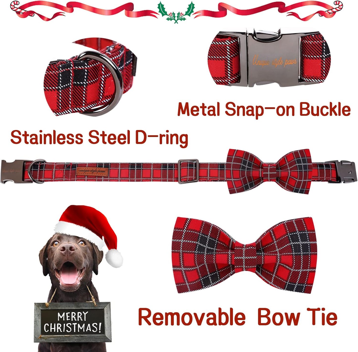 Unique style paws Christmas Dog Collar with Bow Tie Red Black Grid Cotton Collar Adjustable Puppy Plaid Collar for Small Medium Large Dogs