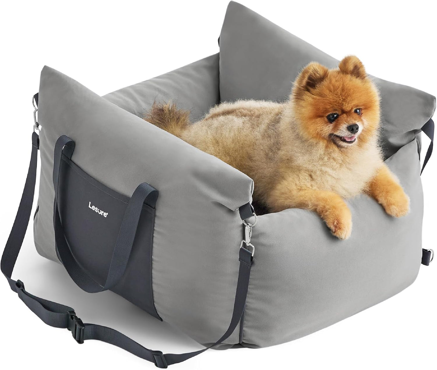 Lesure Small Dog Car Seat for Small Dogs - Soft Dog Booster Seat for Car with Storage Pocket and Clip-On Safety Leash and Thickened Memory Foam Filling, Pet Carseat Travel Carrier Bed, Grey