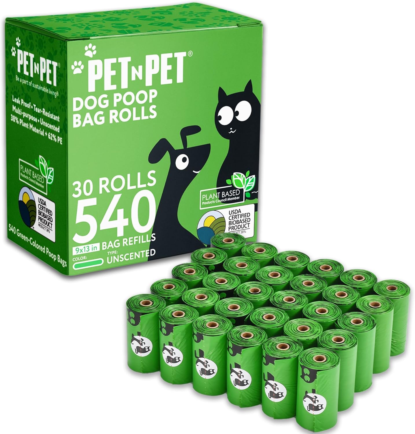 Pet N Pet 540 Counts Green Poop Bags for Dogs, 38% Plant Based & 62% PE Extra Thick Dog Poop Bags Rolls, 9" x 13", Unscented Dog Waste Bag, Pet Supplies for Dogs