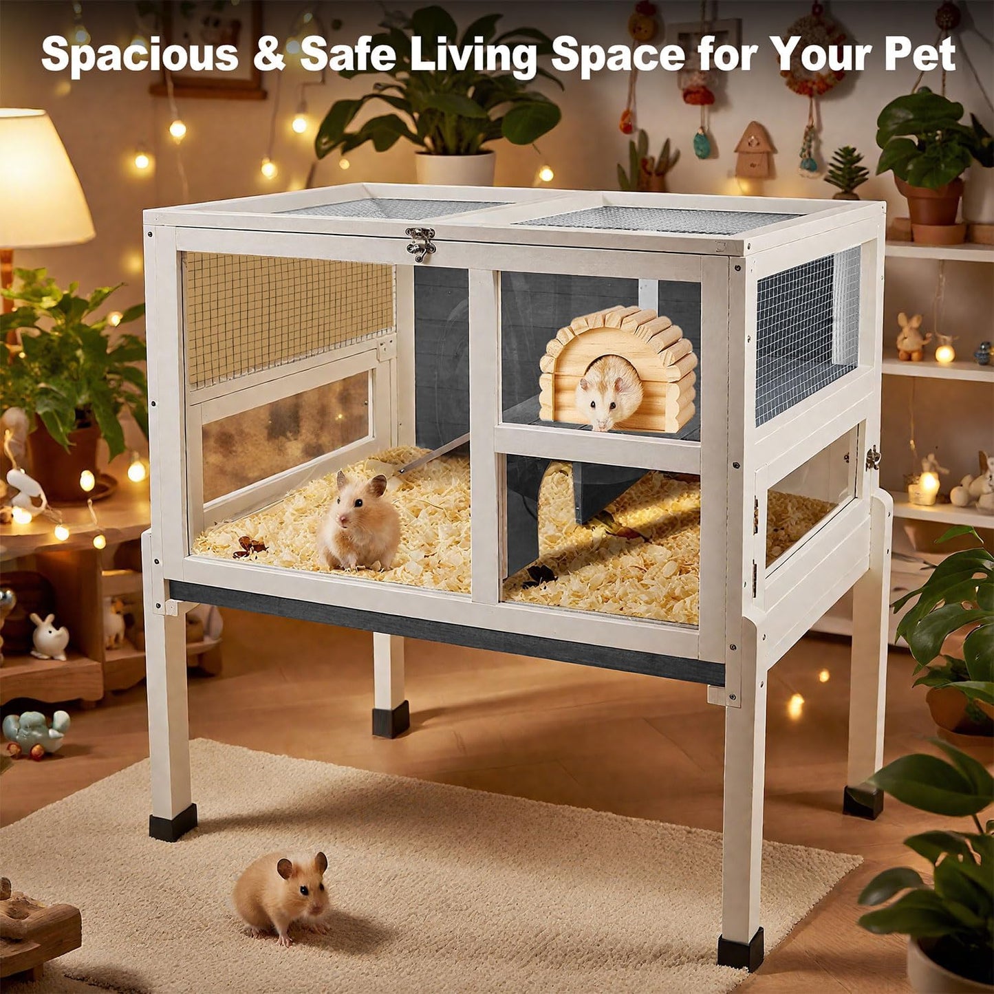 2-Story Guinea Pig Cage with Stand, Indoor Wooden Hamster Cage with Ramp, Pull-Out Tray, Hideout & Platform, Acrylic Transparent Small Animal Habitat for Chinchillas, Ferrets, Hedgehogs,Grey