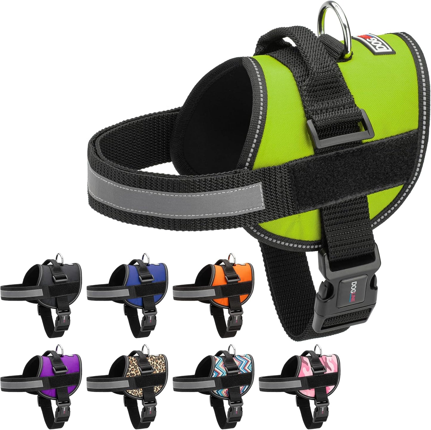 Dogline Dog Harness, Reflective No-Pull Adjustable Vest with Handle, Breathable No-Choke Harness for Small, Medium or Large Dogs Room for Patches Girth 15 to 18 in Lime Green