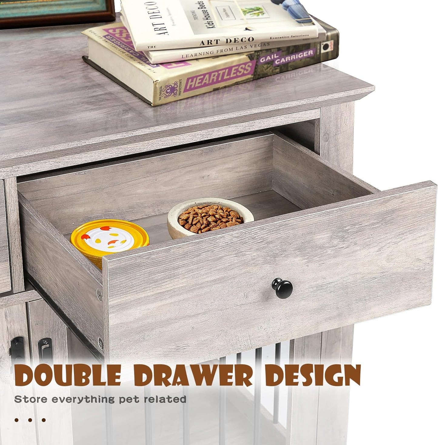 LEMBERI 44 Inch Large Dog Crate Furniture, Wooden Dog Kennel End Table with Storage Drawers, Decorative Pet Cage Dog House Indoor for Dogs