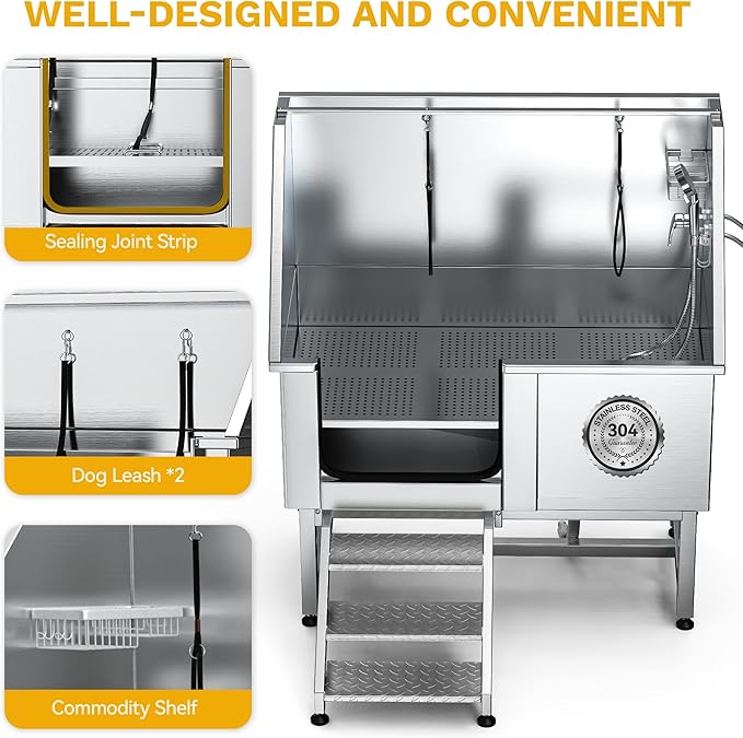 DWVO Professional Pet Dog Bathing Station for Grooming, 50'' Dog Grooming Bathtub with Left Stairs, Floor Grate, Faucet, Showerhead & Soap Holder for Large, Medium & Small Pets