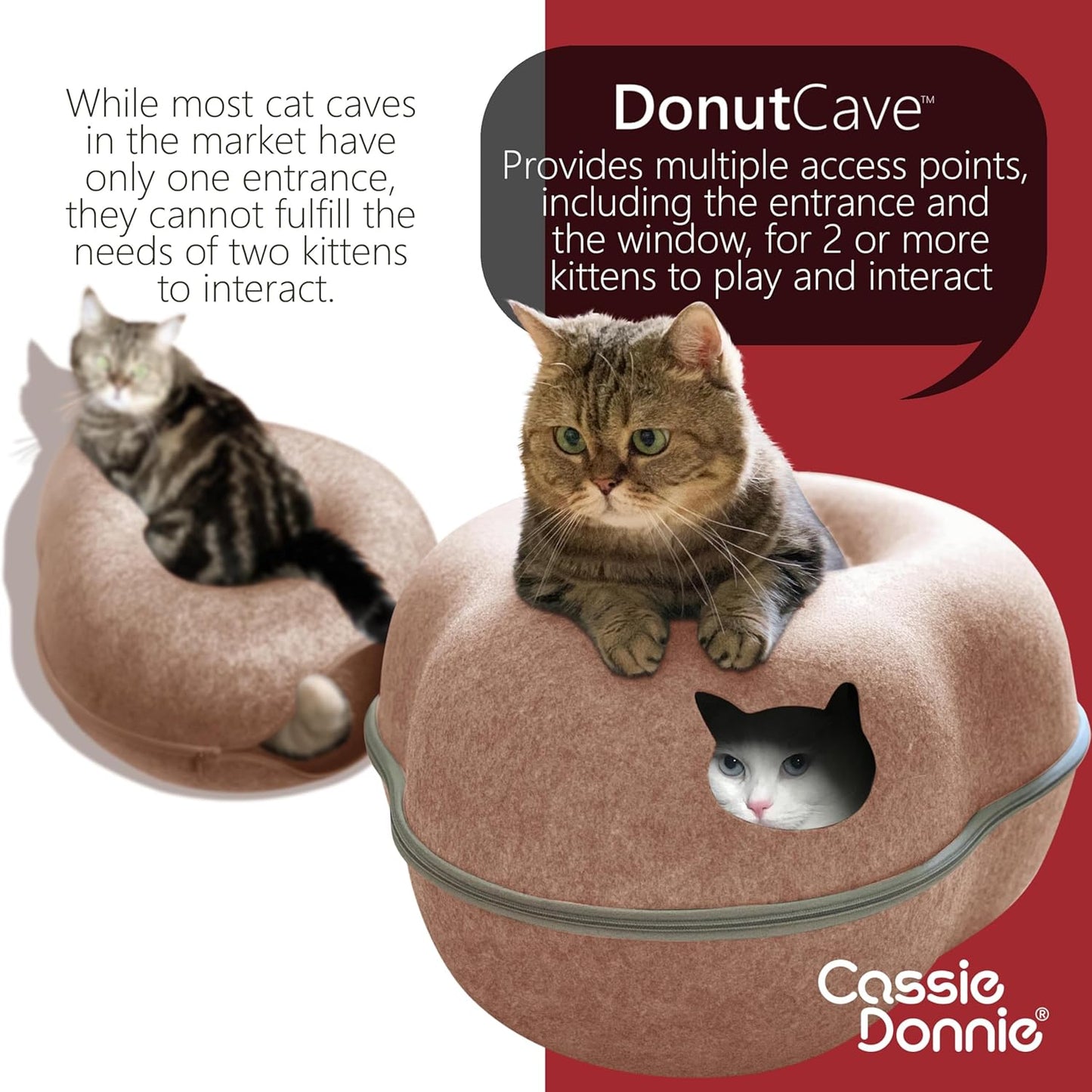Cat Tunnel Bed for Indoor Cats, Medium Large, Donut Cave House up to 22 Lbs, Spacious for 2 Kittens (Brown)