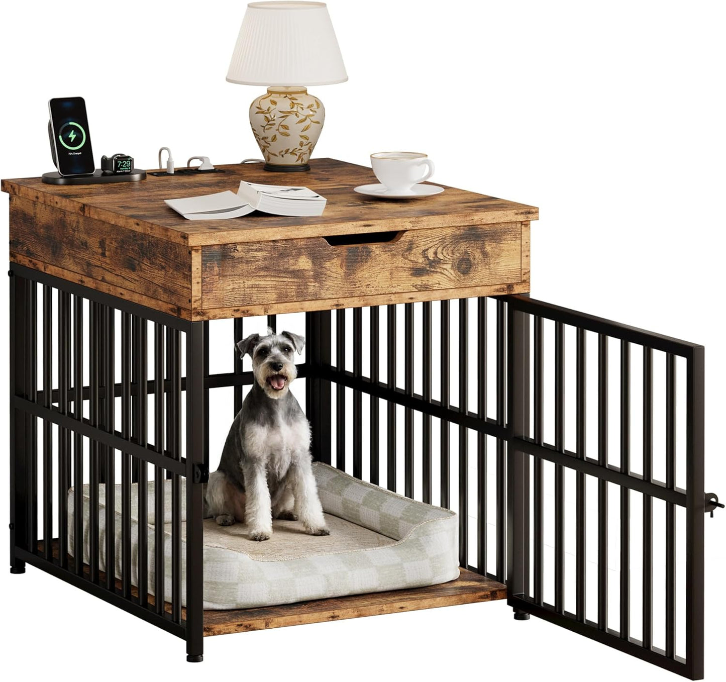 IRONCK Dog Crate Furniture for Small Dogs, Wooden Dog Kennel with Flip Top Drawer, Indoor Pet Crate End Table with Charging Station, Steel-Tube Dog Cage, Rustic Brown