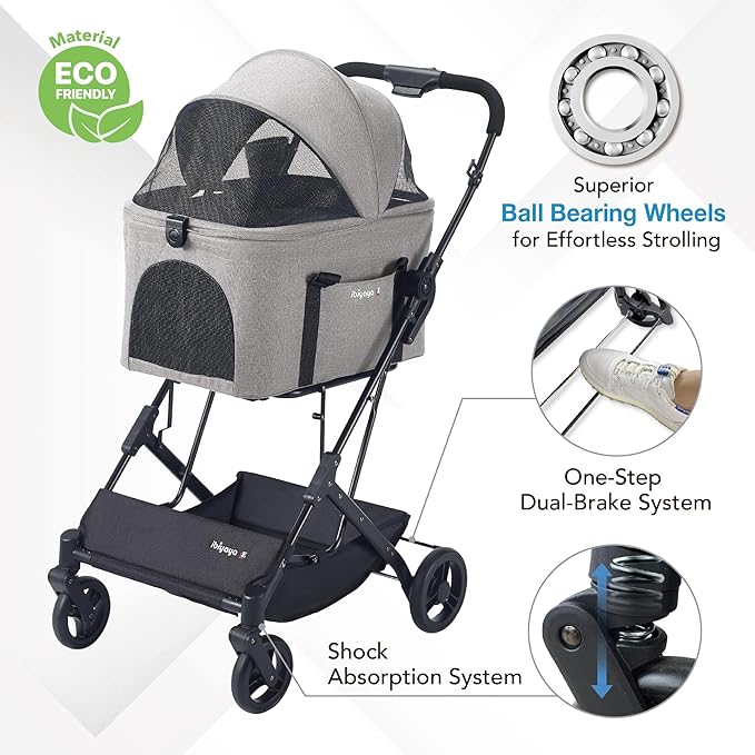 ibiyaya Essential – Travois Tri-Fold Pet Travel System for Medium Dogs, Cats, and More, 3 in 1 Dog Stroller with Detachable Carrier, XL Cabin (Taupe Gray)