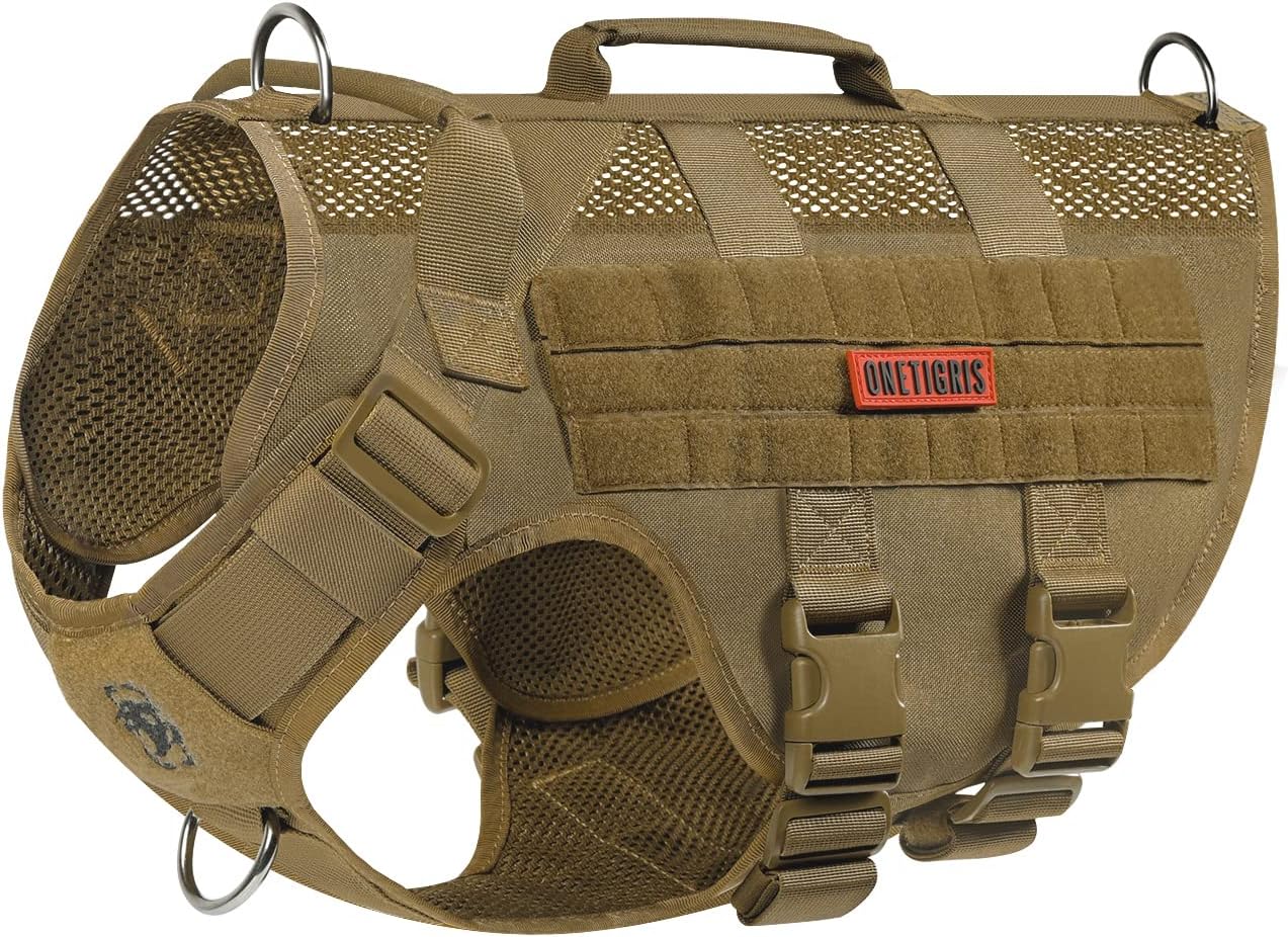 OneTigris No Pull Tactical Dog Harness for Medium Large Dog, Mesh Design Breathable Service Dog Vest with Handle, Military Dog Vest Harness with Molle Panels for Walking Hiking Training (XL, Brown)