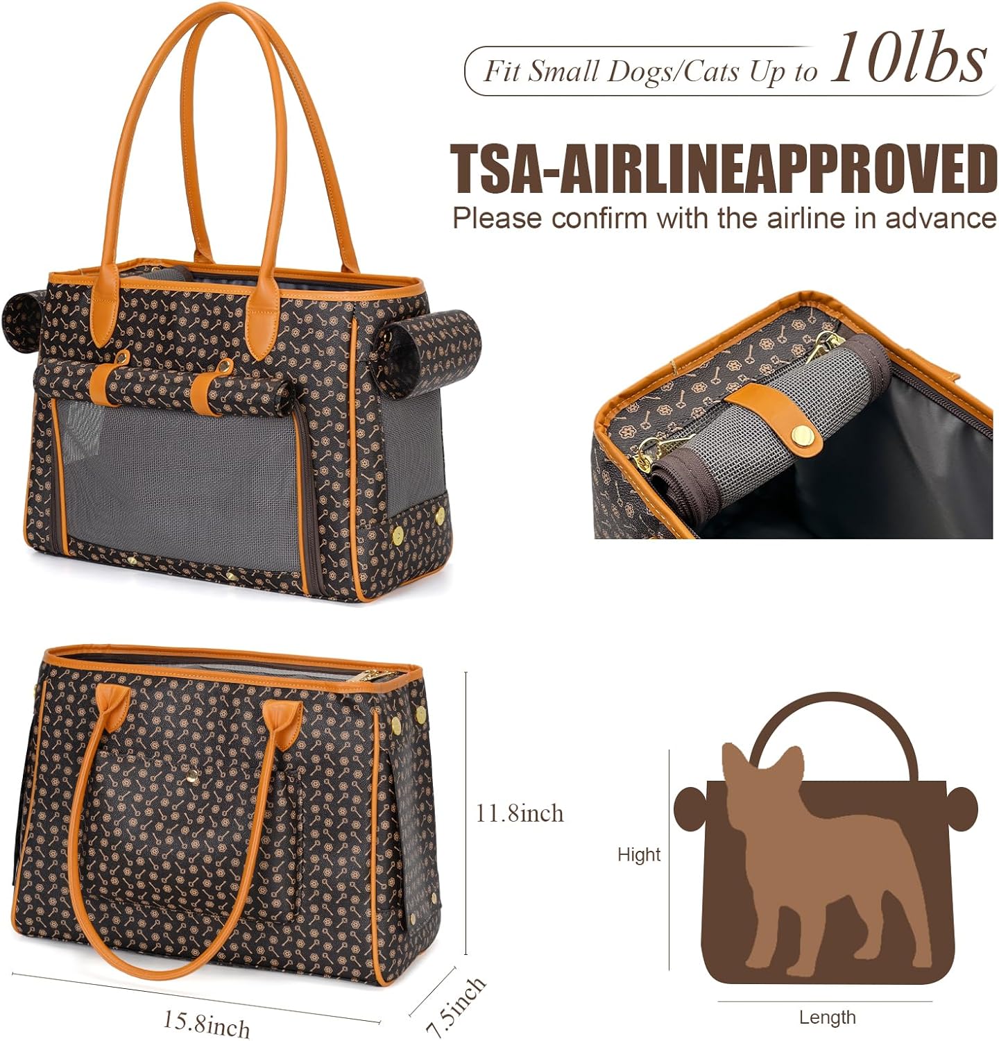 Minsong Fashion Pet Carrier Purse for Small Cat and Dog, Luxury Pu Soft-Sided Tote Bag with Large Pockets for Dogs and Puppies (Coffee, 15.8" L x 7.5" W x 11.8" H)