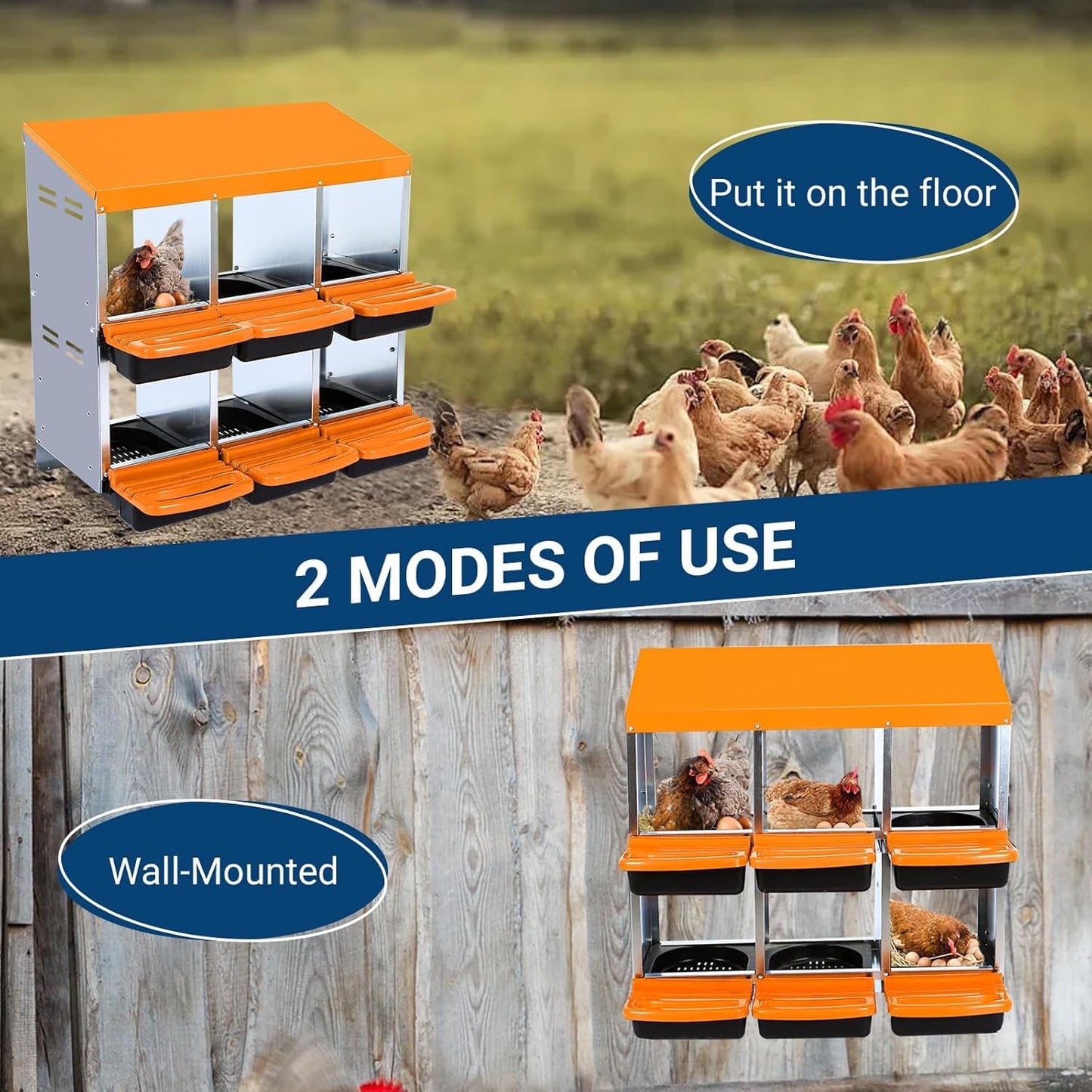 Chicken Nesting Box, 6 Hole 2 Layer Hen Nest Boxes, Roll Away Eggs Laying Boxes,Cleanable Pull Out Hen Roosting Boxes