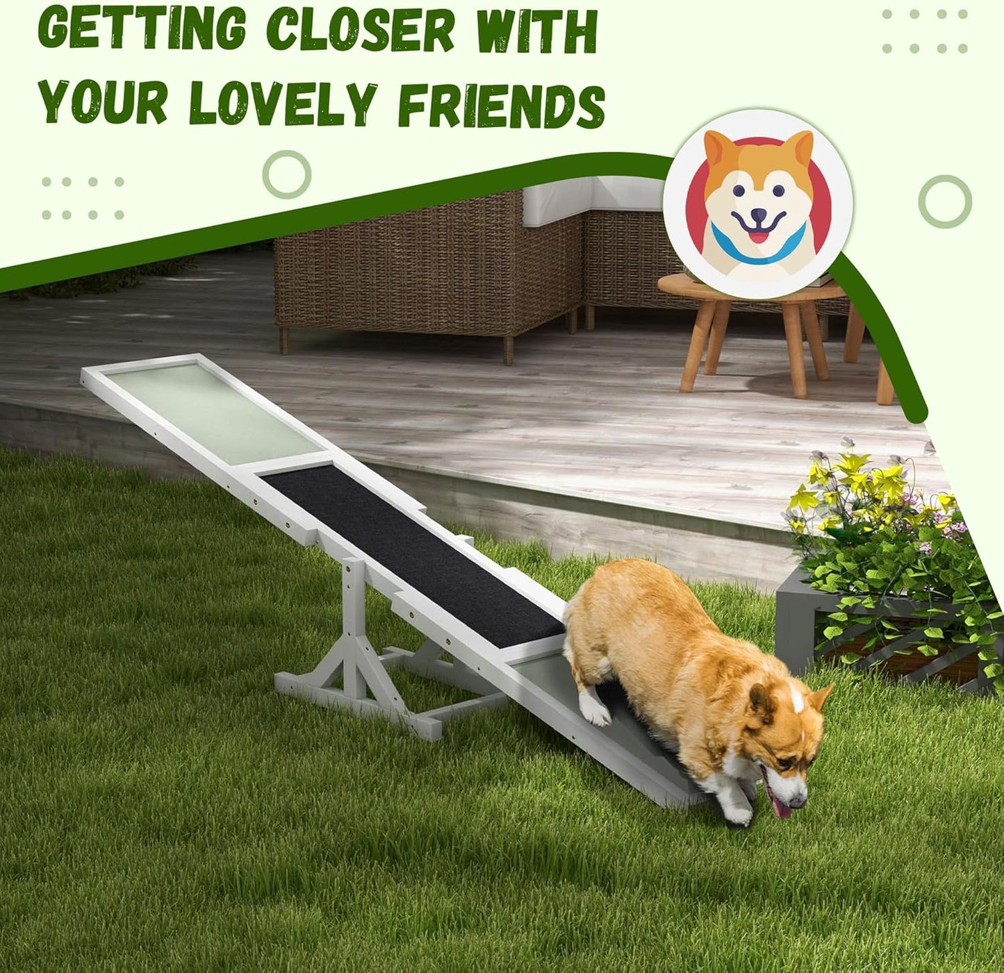 PawHut Wooden Dog Agility Seesaw for Training and Exercise, Platform Equipment Run Game Toy, Weather Resistant Pet Supplies, 71" L x 12" W x 12" H, White