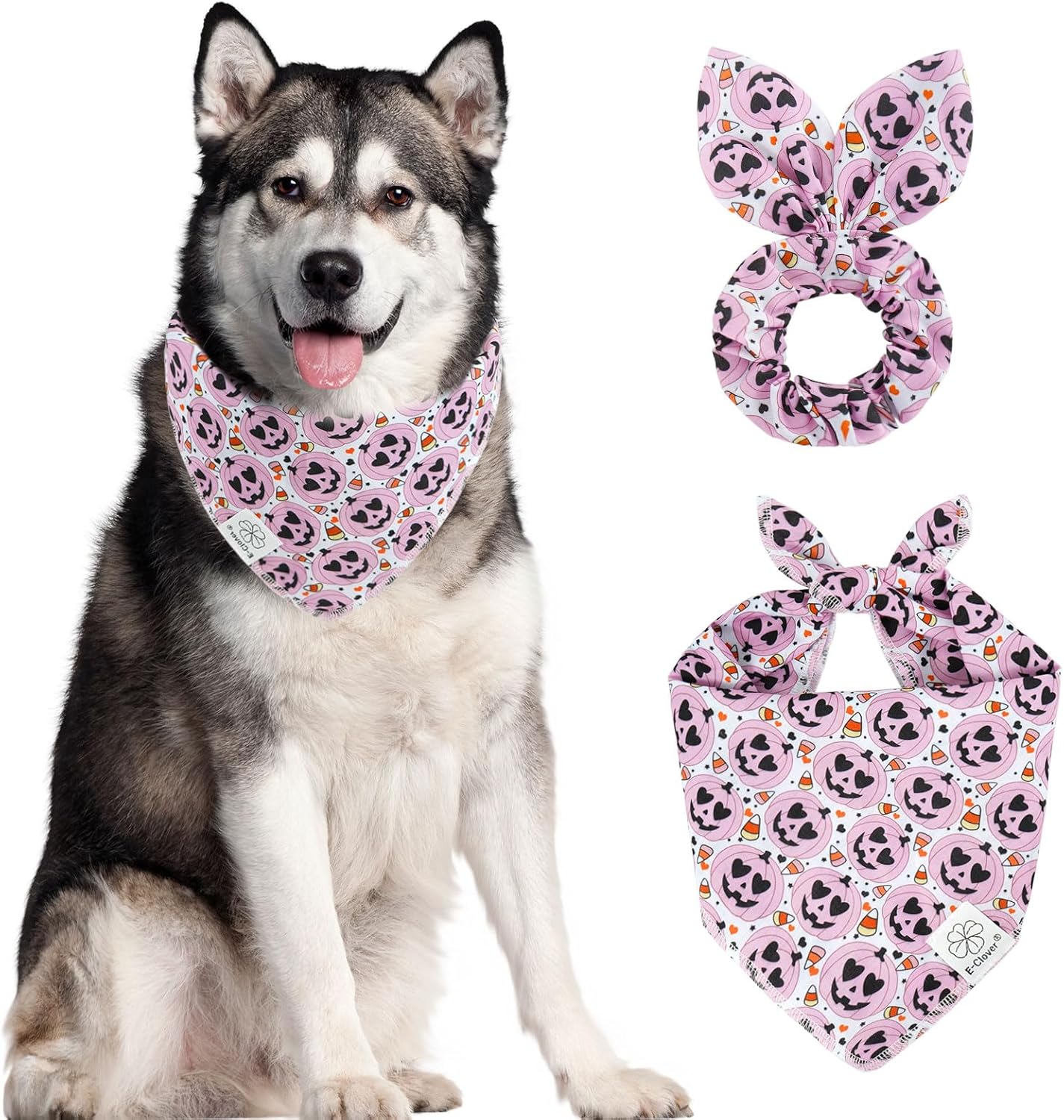 E-Clover Halloween Dog Bandanas & Matching Scrunchie Set Girl Cute Pink Pumpkin Dog Scarf Bibs Pet Bandana with Bow Tie for Medium Large Dogs Owner Mom