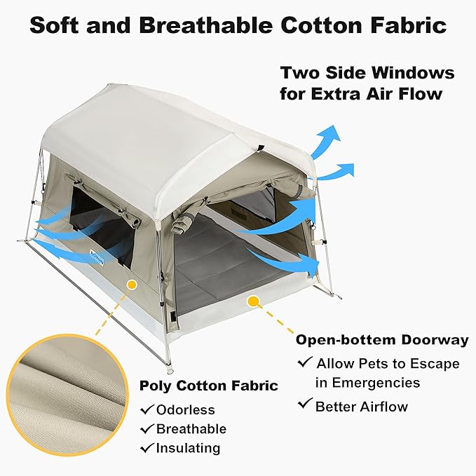 Dog Tent Cotton Fabric, Aluminum Poles and Camping Mat, Outdoor Weatherproof, Dog House Outdoor, Breathable with 2 Side Windows, Portable and Collapsible (Gray, Large)