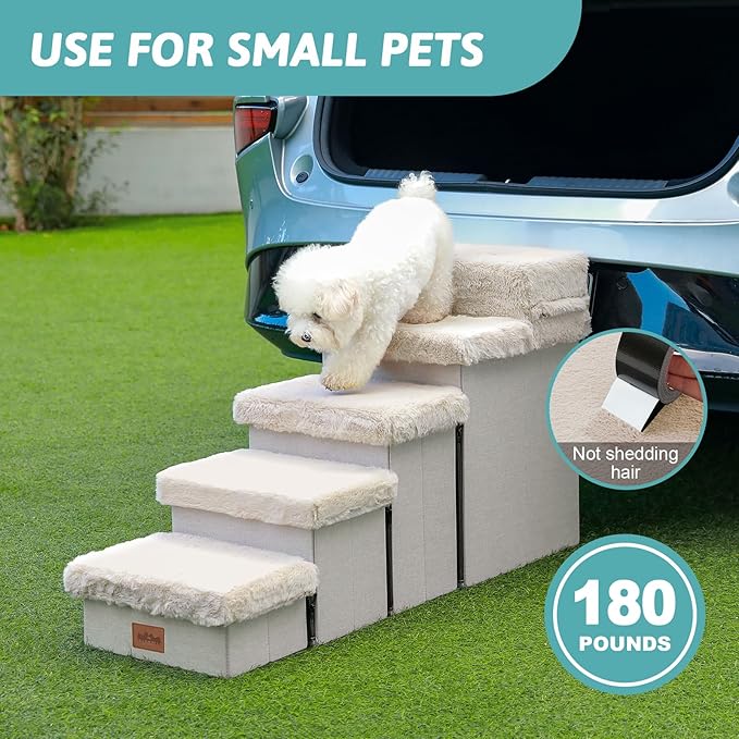 Dog Stair for Small Dogs with Storage, 21" H Foldable Pet Step with Soft Cover, Older Cat Ramp for High Bed or Car, Lightweight, Comfort, 39.7x13x21.2 inch, 5 Tiers, Beige